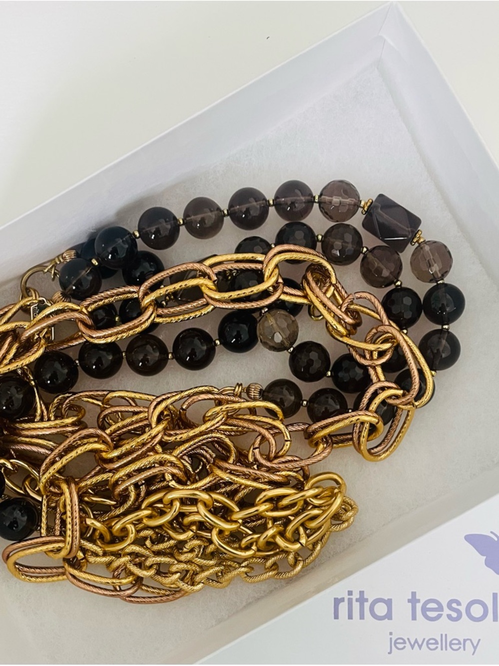 Stunning Rita Tesolin Smokey Quartz Gold Layered Statement Necklace
